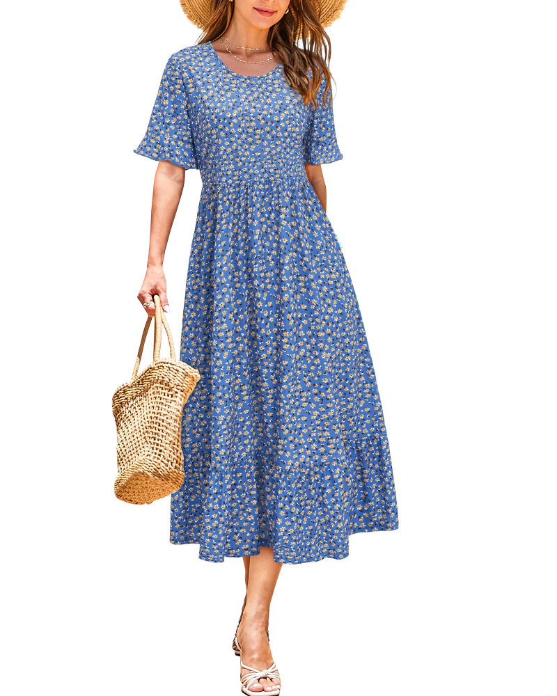 Payton Robe Midi Femme – Robe Fleurie Col Rond Manches Volantées avec Poches Taille Empire