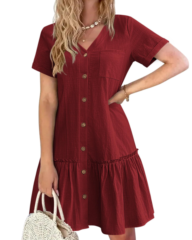 Brianna Robe en Coton et Lin Femme – Robe Col V Plissée avec Boutons & Poche Poitrine