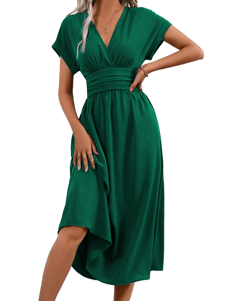 Kennedy Robe Maxi Femme – Robe Longue Plissée Col V à Manches Chauve-Souris Élégante