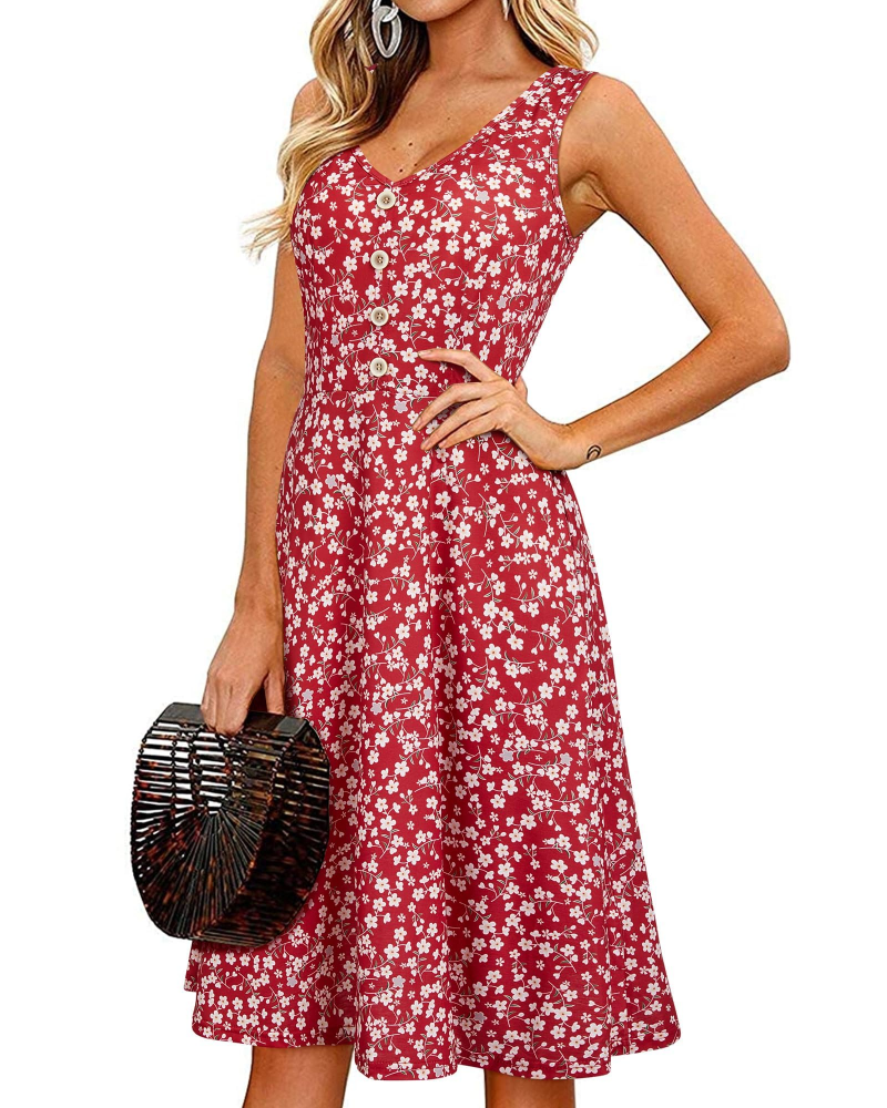 Finley Robe Midi Femme – Robe Col V Sans Manches Fleurie avec Poches Coupe Évasée