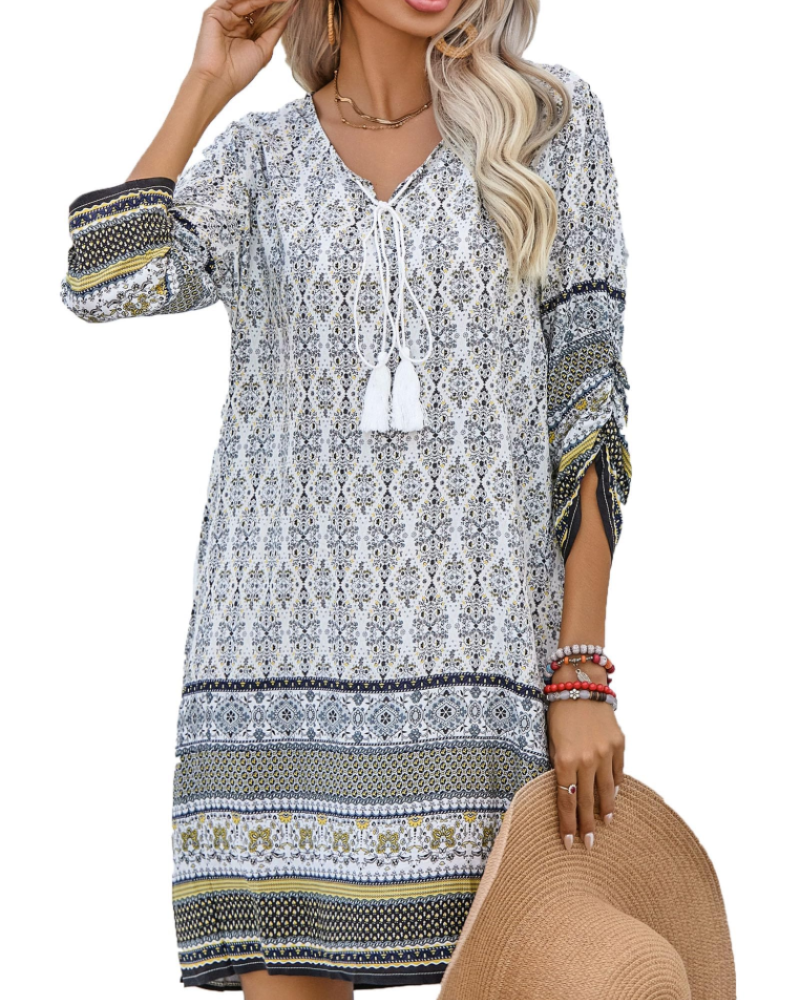 Marlowe Robe Bohème Femme – Robe Tunique Imprimée Col V à Pampilles Manches 3/4 Ample