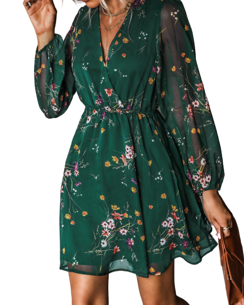 Danielle Robe Courte Femme – Robe en Mousseline Col V Taille Élastique Manches Longues
