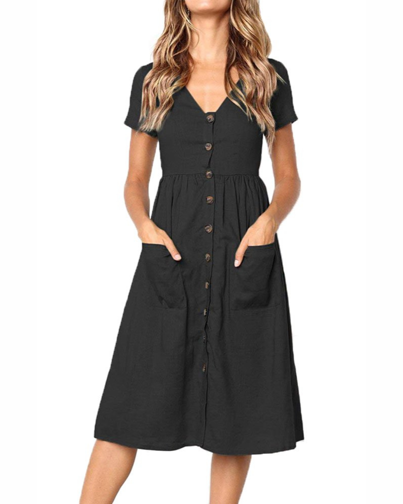 Lydia Robe Midi Femme – Robe Col V Style T-Shirt avec Poches Taille Empire et Boutons Décoratifs