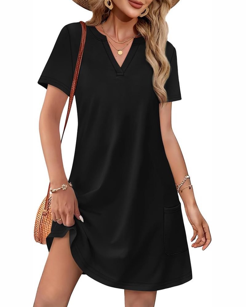 Brianna Robe Midi Femme – Robe Col V Ample avec Poches Manches Courtes Style Bohème