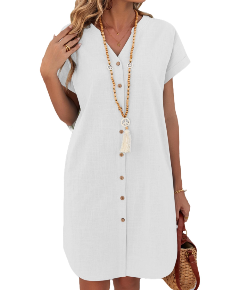 Bethany Robe Chemise Femme – Robe Courte en Coton et Lin Col V Henley Boutonnée