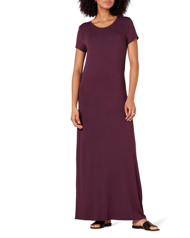 Corinne Robe Longue Femme – Robe Maxi Col Rond Manches Courtes Jersey Extensible Coupe Ajustée
