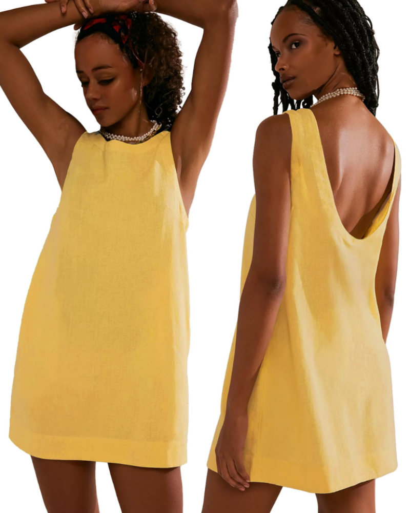 Juliette Robe Courte Femme – Robe d'Été Sans Manches à Dos Nu avec Poches en Lin Mélangé