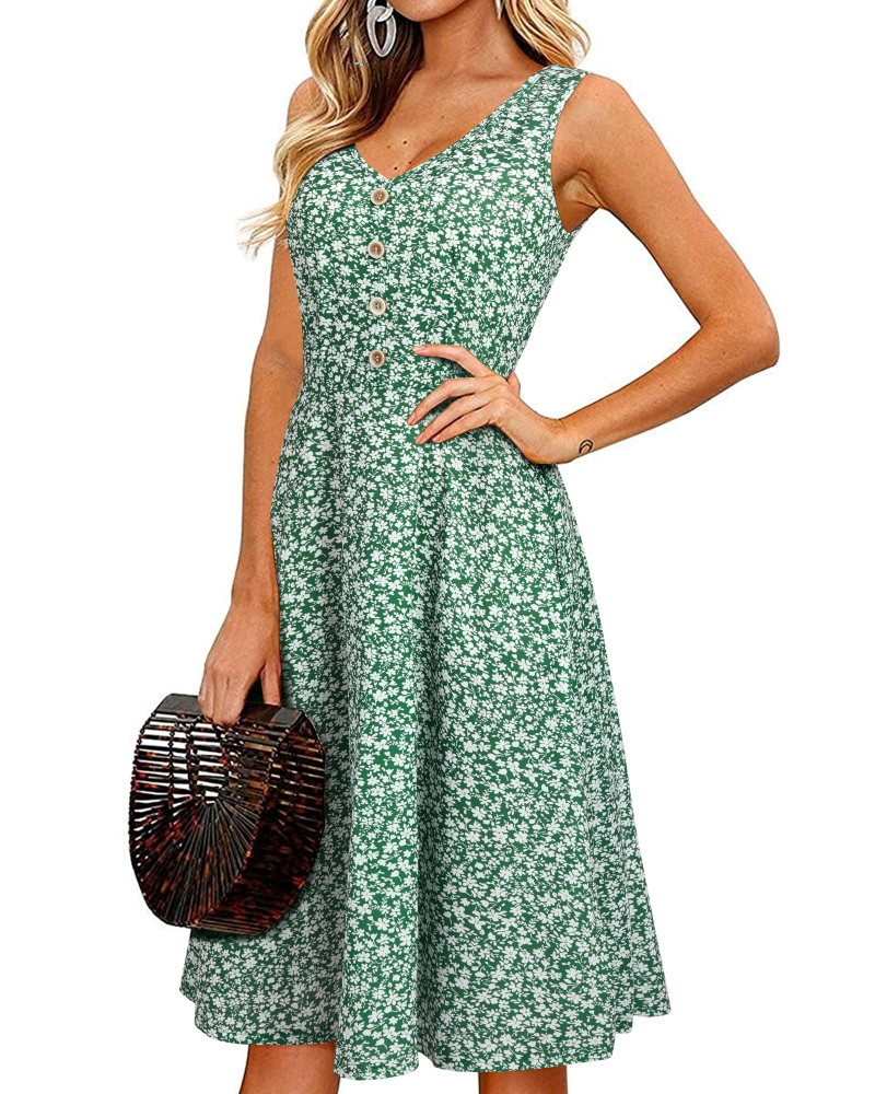 Finley Robe Midi Femme – Robe Col V Sans Manches Fleurie avec Poches Coupe Évasée