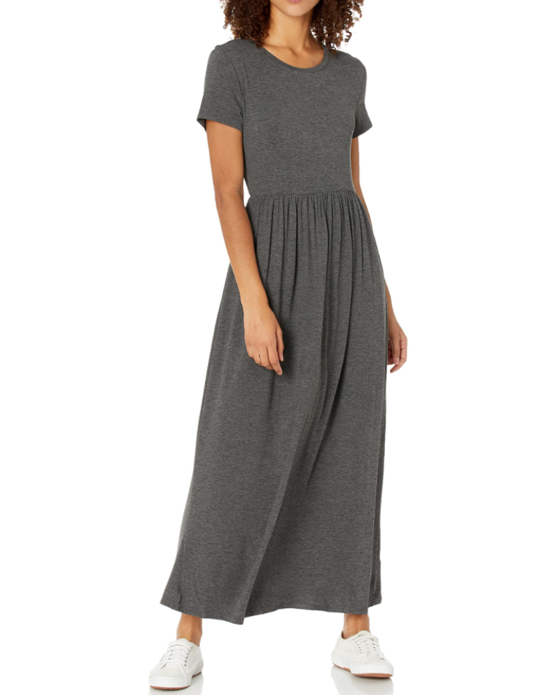 Cambria Robe Longue Femme – Robe Maxi Évasée Col Rond Manches Courtes Taille Froncée
