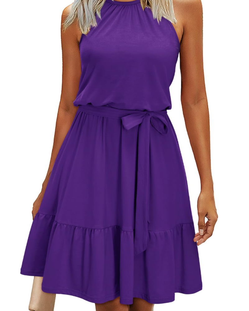 Kendall Robe Licou Femme – Robe d'Été Évasée Longueur Genou avec Ceinture Nouée