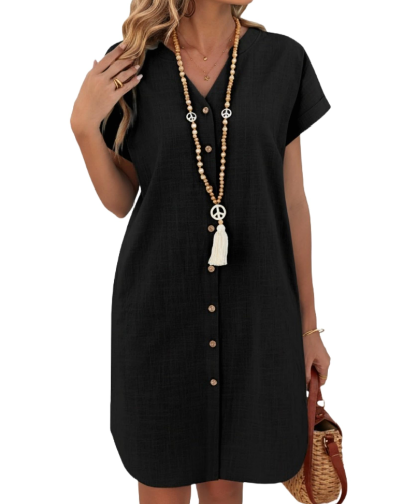 Bethany Robe Chemise Femme – Robe Courte en Coton et Lin Col V Henley Boutonnée