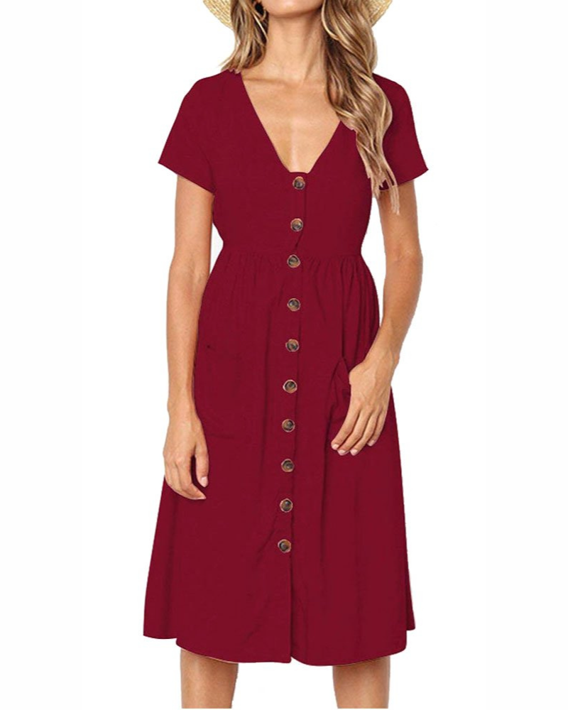 Lydia Robe Midi Femme – Robe Col V Style T-Shirt avec Poches Taille Empire et Boutons Décoratifs