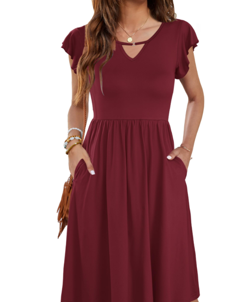 Teagan Robe Midi Femme – Robe Col V Évasée avec Poches Taille Élastiquée Fluide