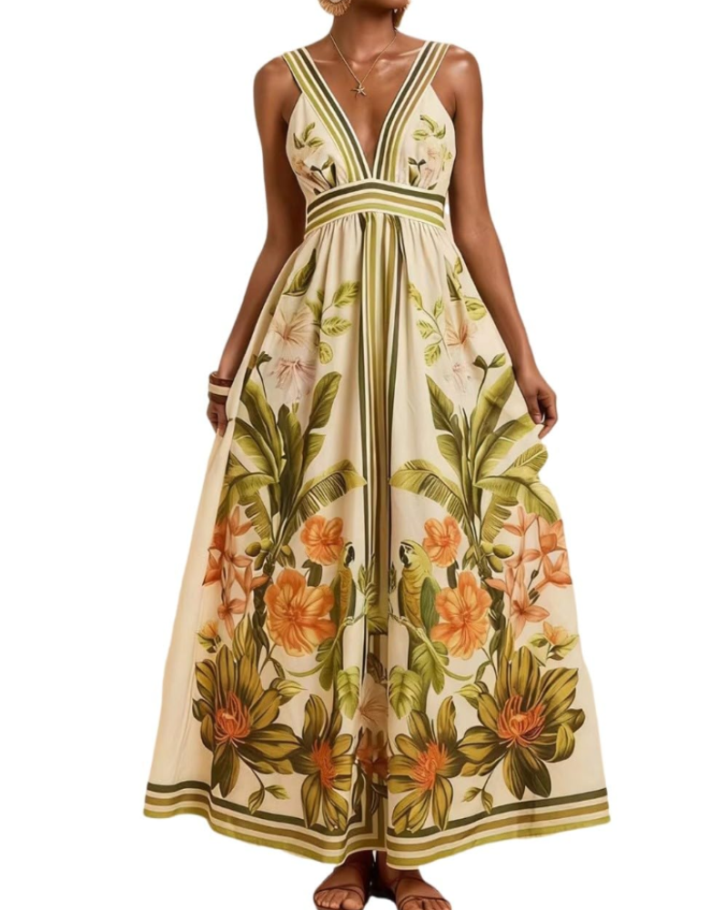 Eliana Robe Maxi Femme – Robe Bohème Imprimée à Épaules Dénudées et Taille Haute