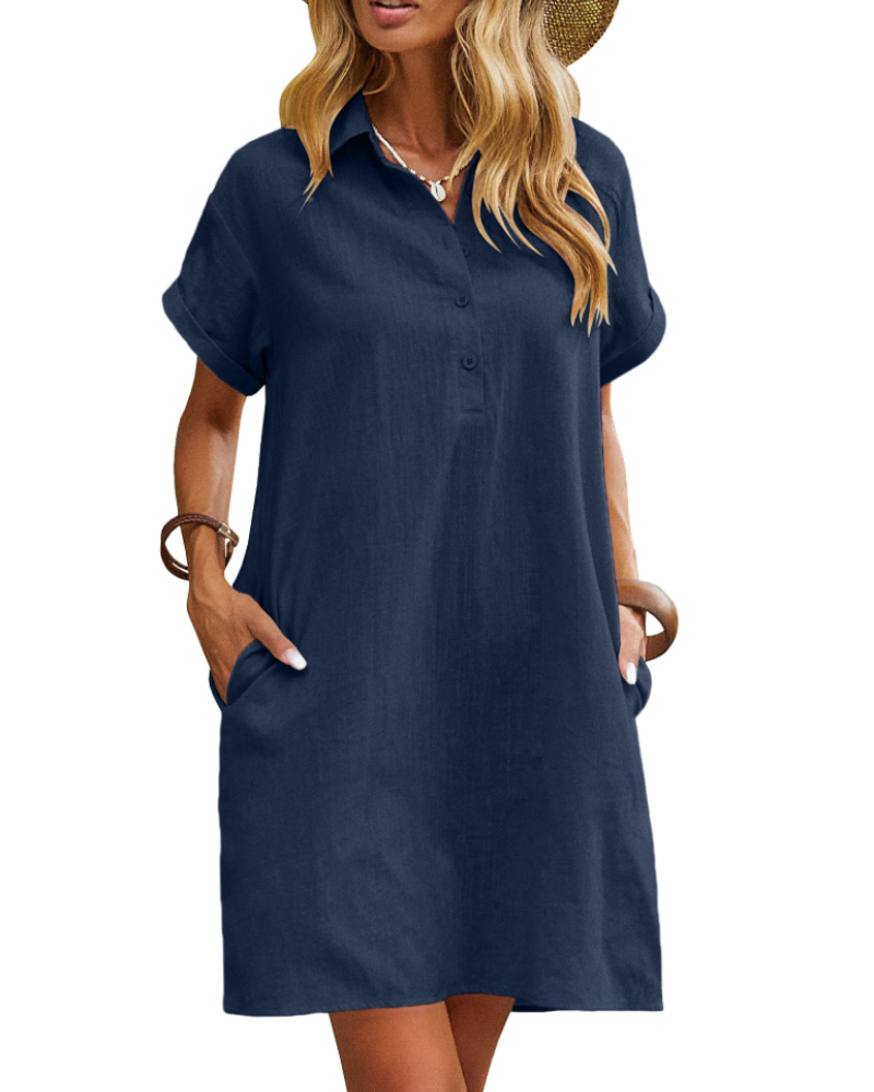Camryn Robe Chemise Femme – Robe Courte en Coton Boutonnée avec Poches Manches Courtes