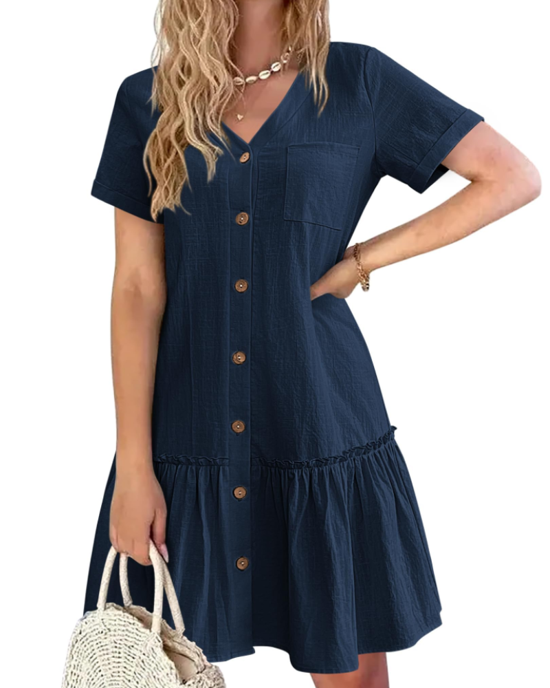 Brianna Robe en Coton et Lin Femme – Robe Col V Plissée avec Boutons & Poche Poitrine