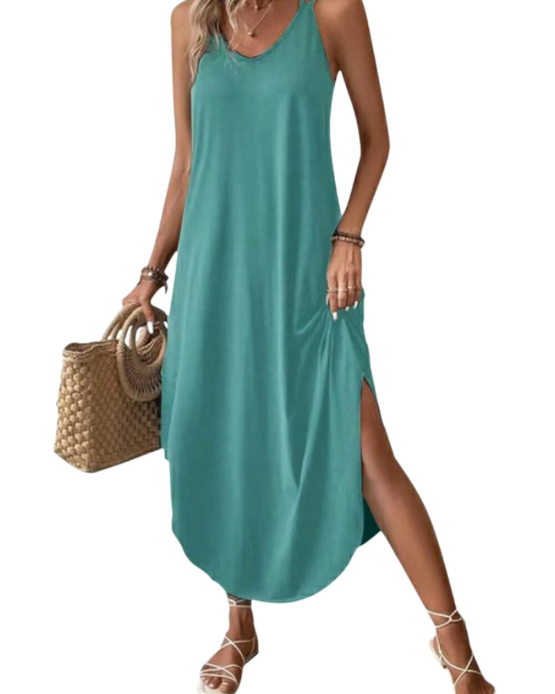 Sienna Robe Longue Femme – Maxi Robe Col V à Bretelles Fines avec Fente Élégante