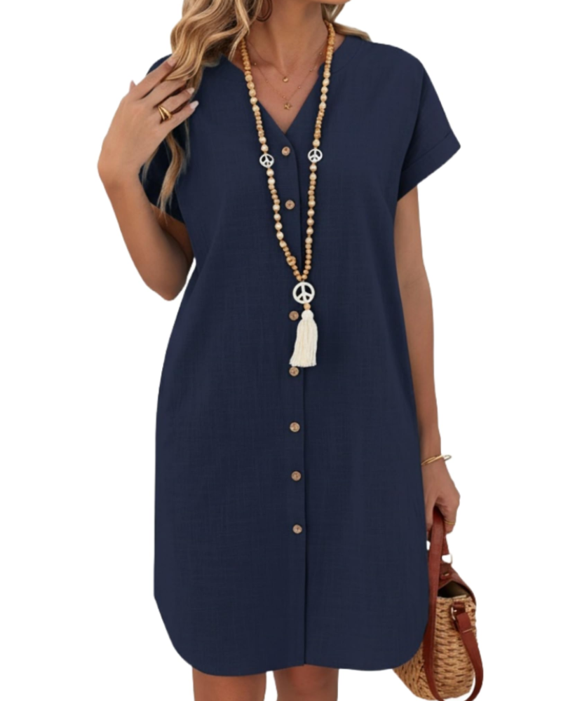 Bethany Robe Chemise Femme – Robe Courte en Coton et Lin Col V Henley Boutonnée