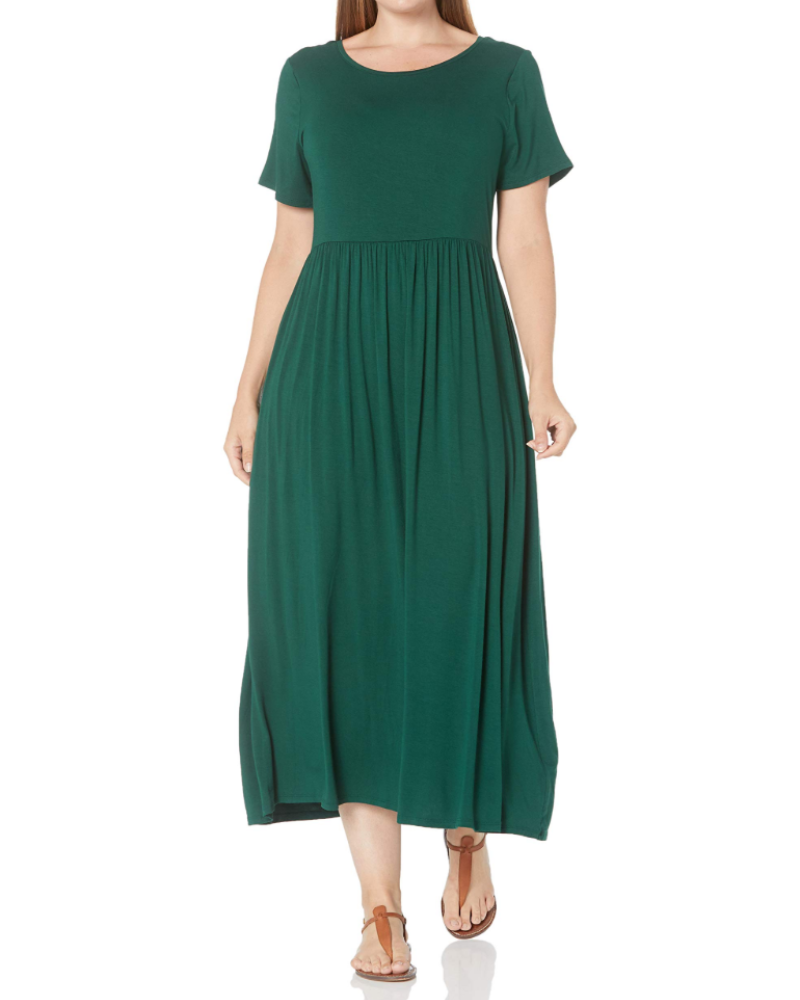 Cambria Robe Longue Femme – Robe Maxi Évasée Col Rond Manches Courtes Taille Froncée