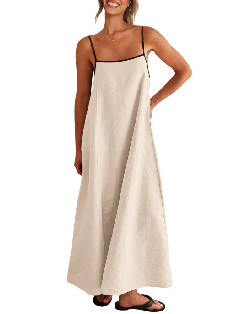 Adeline Robe Maxi Femme – Robe en Lin à Bretelles Réglables avec Poches & Dos Noué