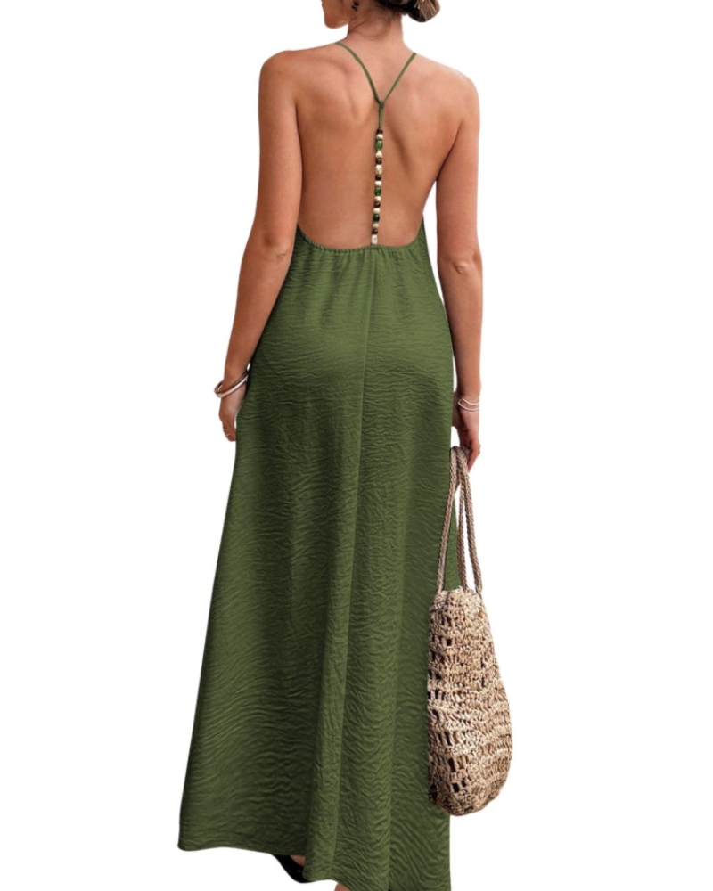 Phoebe Robe Maxi Femme – Robe Dos Nu Col V à Bretelles Perlées Style Bohème