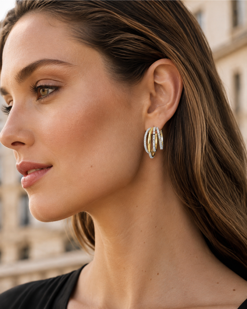 Giselle Boucles d'Oreilles Femme – Créoles Multiples Bicolores Zirconias Taille Ronde et Carrée