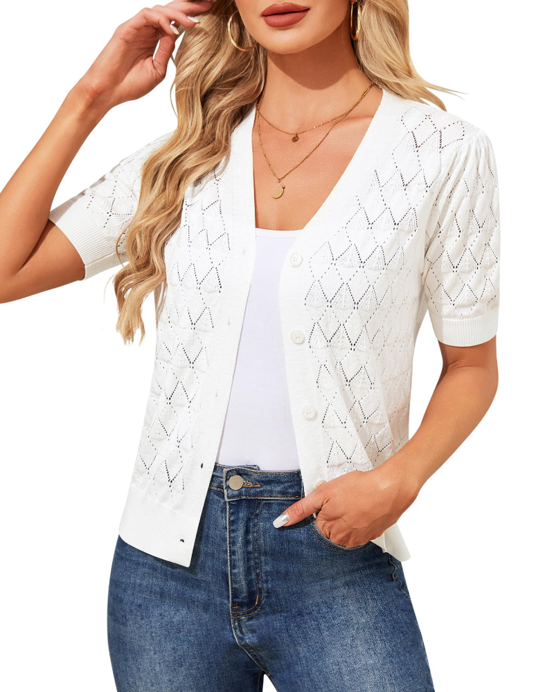 Gilet Ainsley Donna all’Uncinetto – Cardigan Corto con Scollo a V e Bottoni, Maglia Traforata Elegante