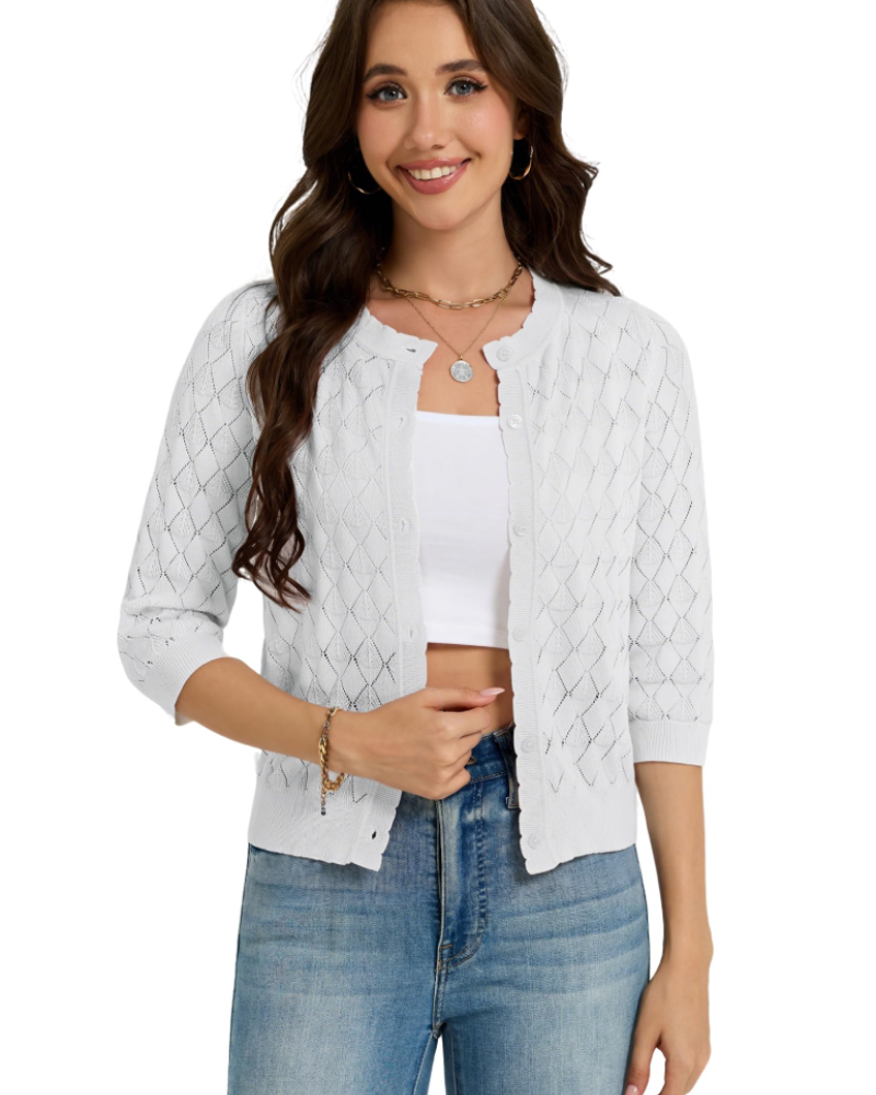 Tinsley Women's Cardigan – Short Buttoned Crochet Vest with 3/4 Sleeves and Scalloped Collar