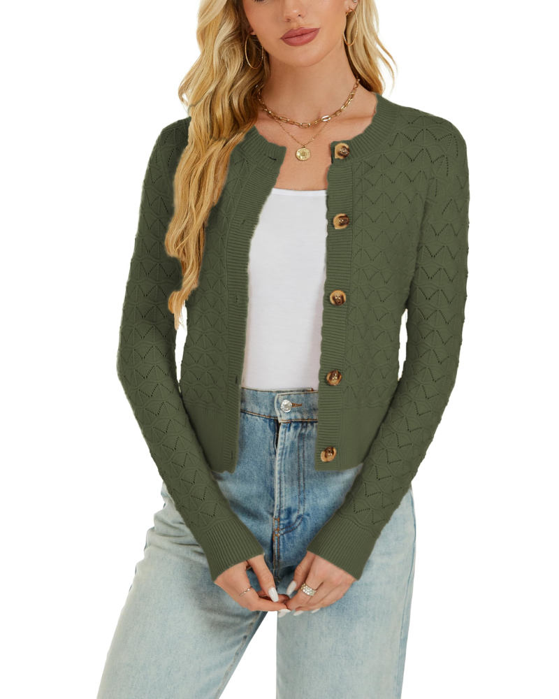 Cardigan da donna Daphne – Gilet all’uncinetto abbottonato con scollo rotondo, lavorato a maglia, stile vintage, maniche lunghe