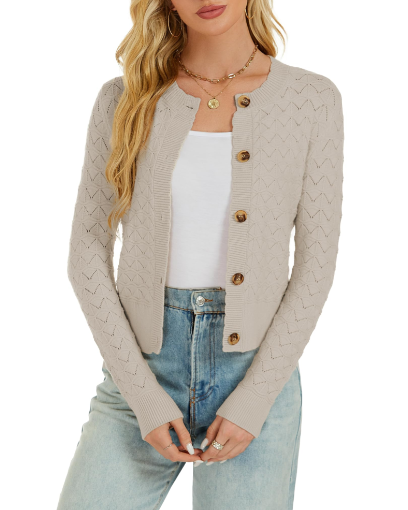 Cardigan da donna Daphne – Gilet all’uncinetto abbottonato con scollo rotondo, lavorato a maglia, stile vintage, maniche lunghe