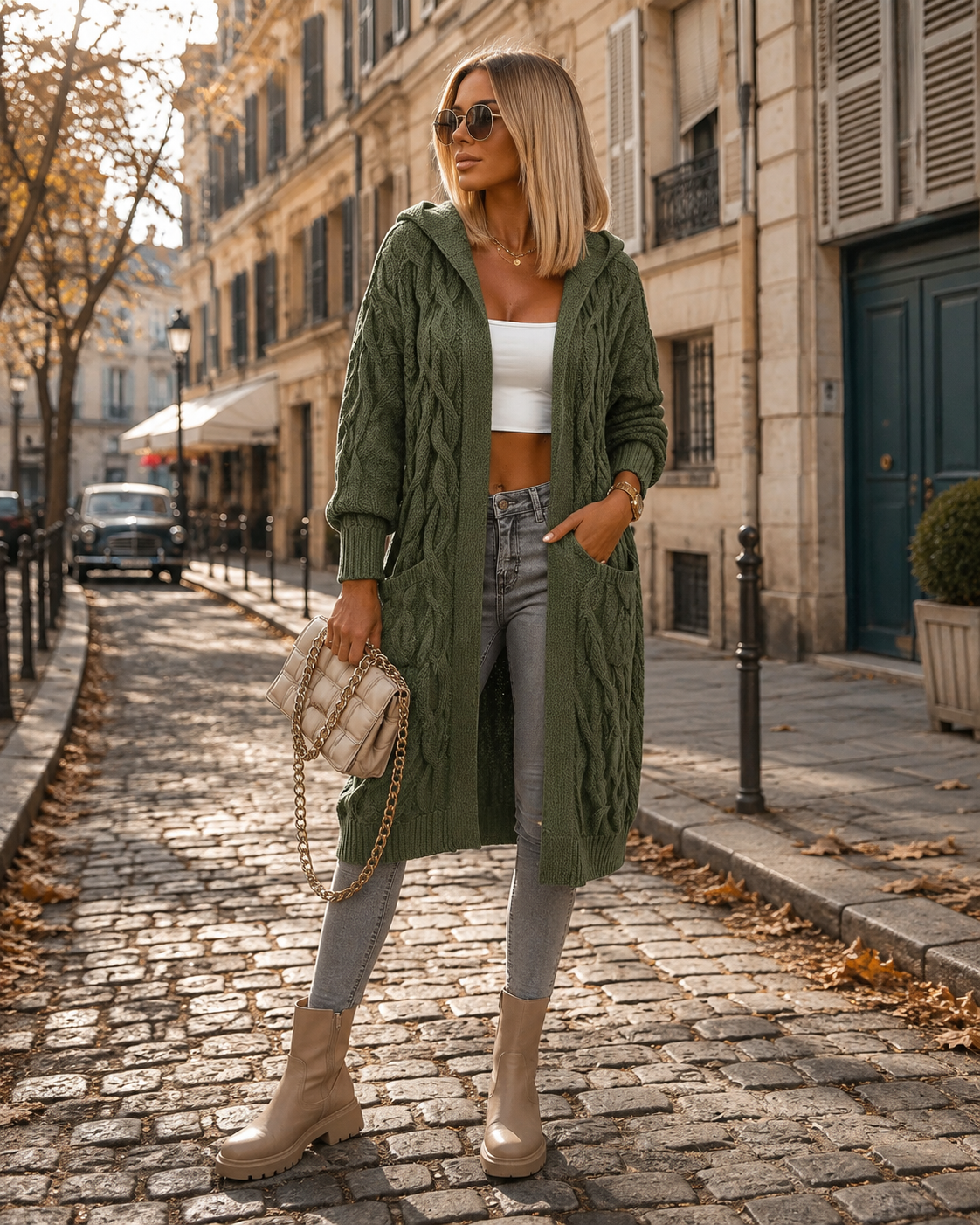 Ramona Cardigan Femme – Long Gilet à Capuche Maille Torsadée Coupe Oversize avec Poches