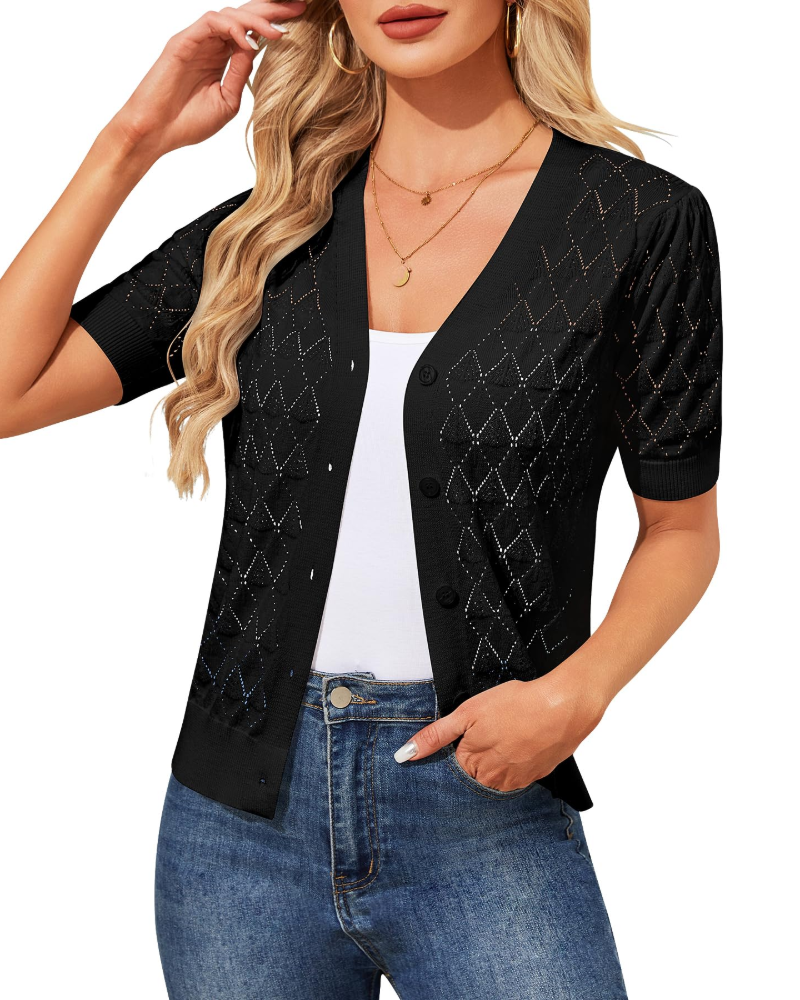 Ainsley Women's Crochet Vest – Short V-Neck Cardigan with Buttons, Elegant Openwork Knit