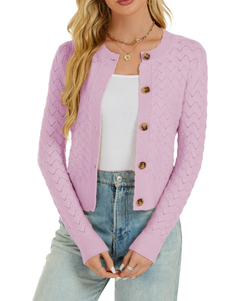 Cardigan da donna Daphne – Gilet all’uncinetto abbottonato con scollo rotondo, lavorato a maglia, stile vintage, maniche lunghe