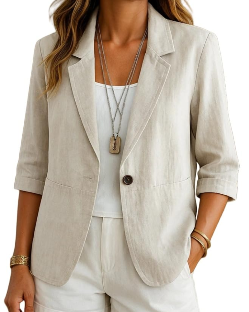 Aubrielle Blazer Femme – Veste en Coton et Lin à Revers avec Manches Longues Élégante