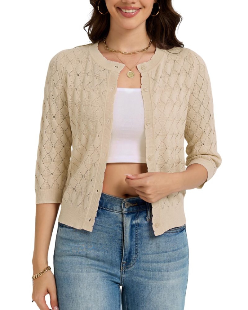Tinsley Women's Cardigan – Short Buttoned Crochet Vest with 3/4 Sleeves and Scalloped Collar