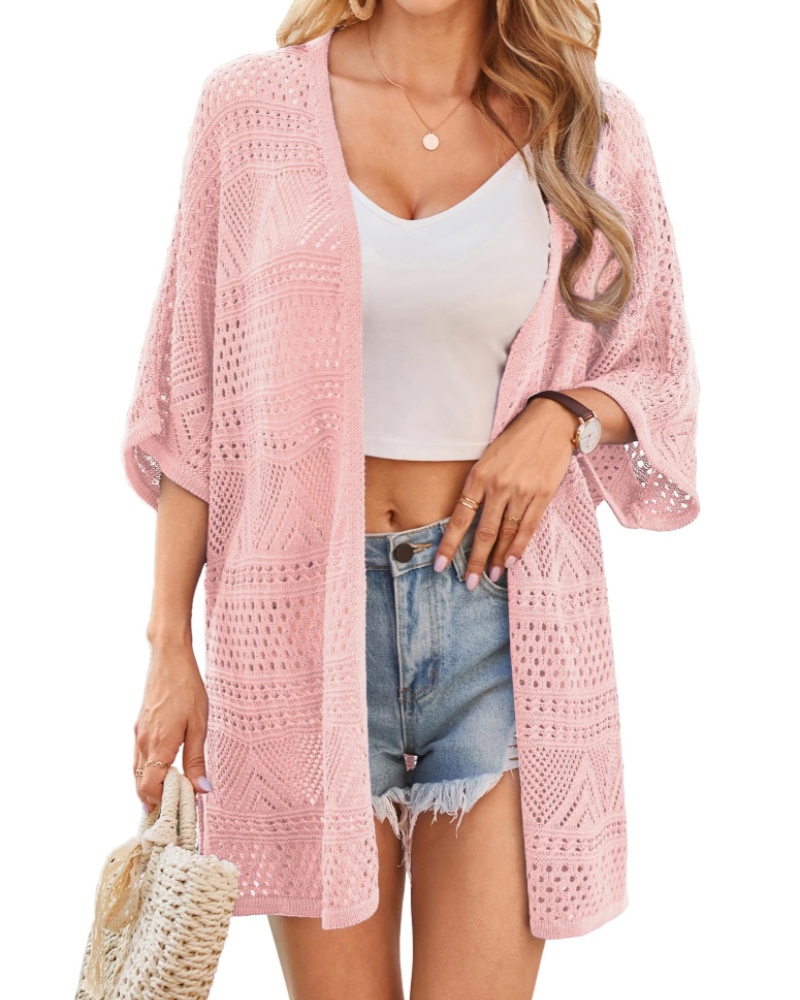 Delaney Women's Kimono – Long Crochet Cardigan with Batwing Sleeves and Openwork Knit