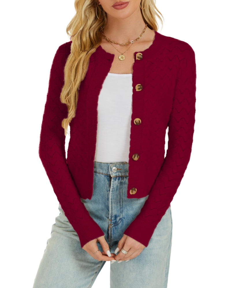 Cardigan da donna Daphne – Gilet all’uncinetto abbottonato con scollo rotondo, lavorato a maglia, stile vintage, maniche lunghe