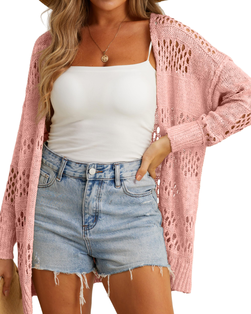 Cardigan Everly da donna all’uncinetto – Gilet lungo traforato in pizzo leggero a maniche lunghe