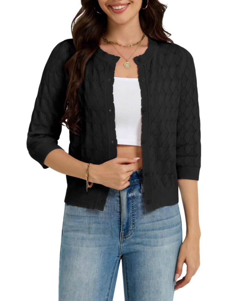 Tinsley Women's Cardigan – Short Buttoned Crochet Vest with 3/4 Sleeves and Scalloped Collar