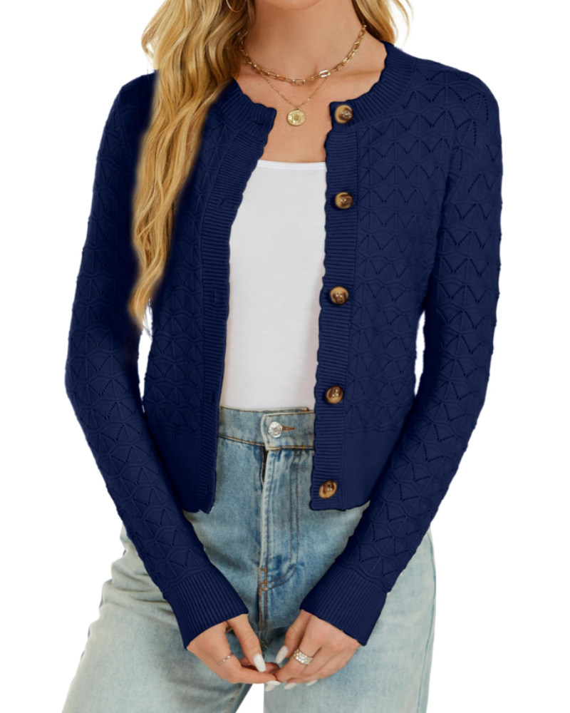 Cardigan da donna Daphne – Gilet all’uncinetto abbottonato con scollo rotondo, lavorato a maglia, stile vintage, maniche lunghe