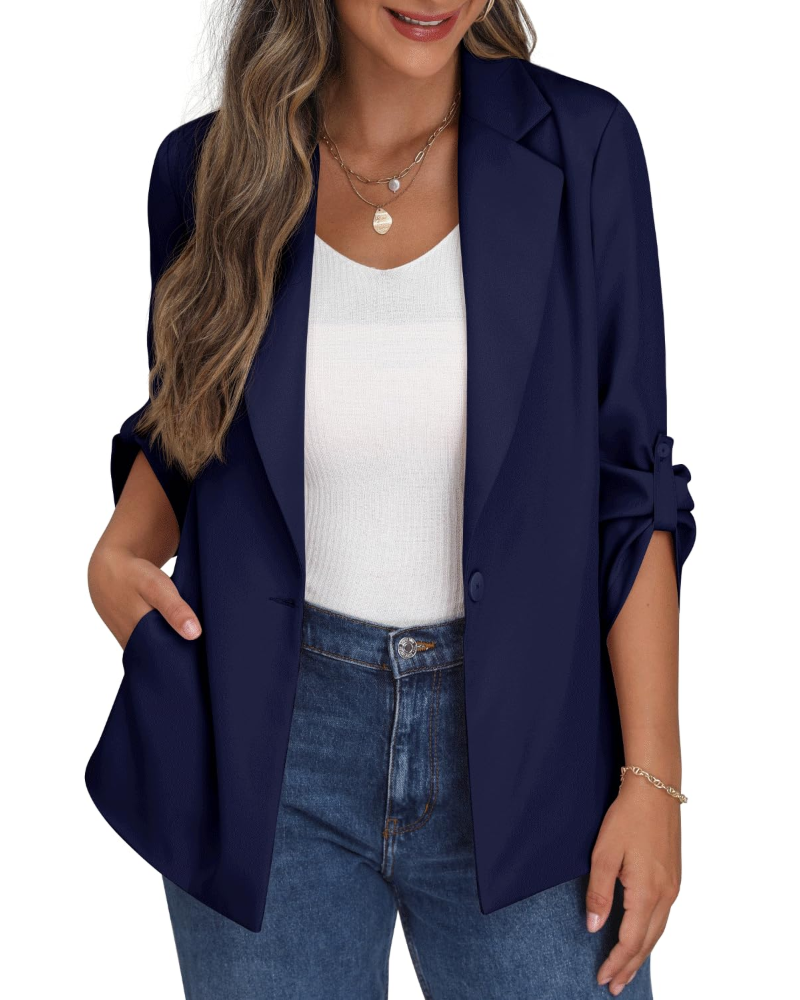 Delilah Blazer Femme – Veste de Tailleur Ouverte à Revers avec Poches & Manches Longues