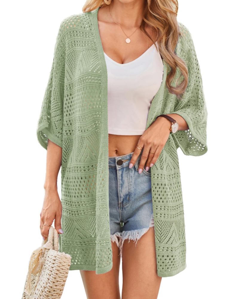 Delaney Women's Kimono – Long Crochet Cardigan with Batwing Sleeves and Openwork Knit