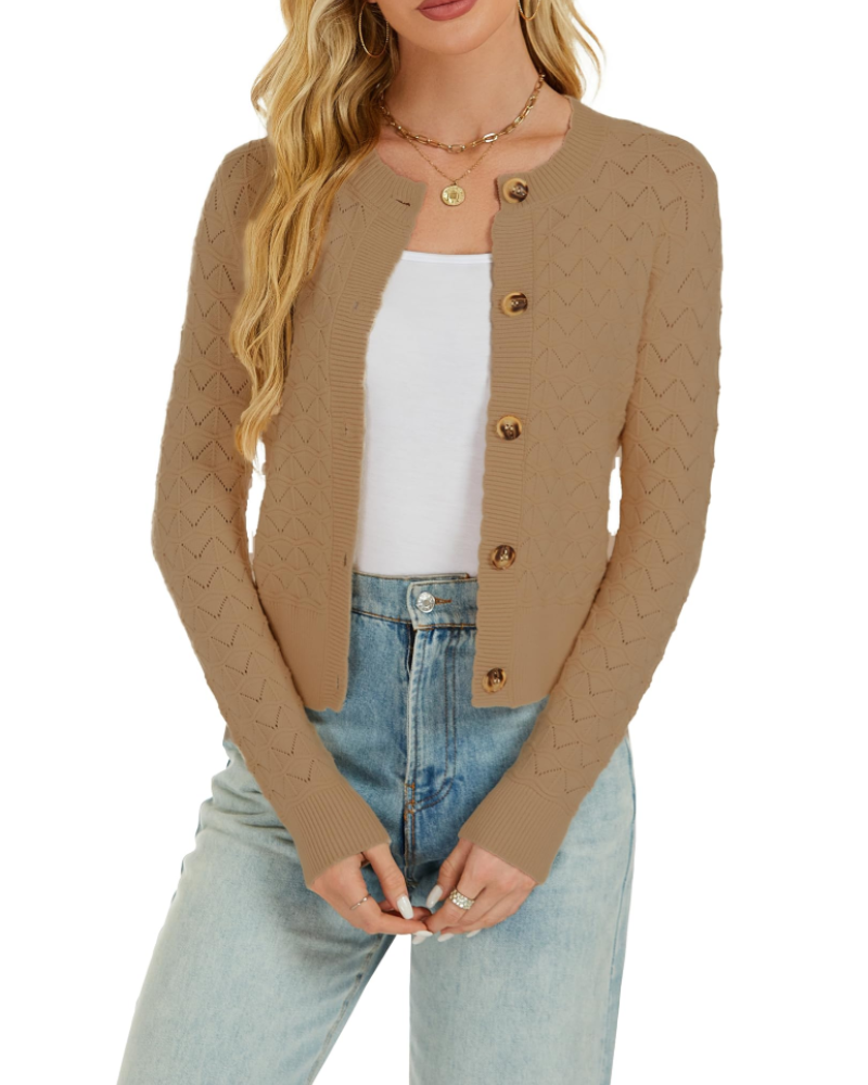 Cardigan da donna Daphne – Gilet all’uncinetto abbottonato con scollo rotondo, lavorato a maglia, stile vintage, maniche lunghe