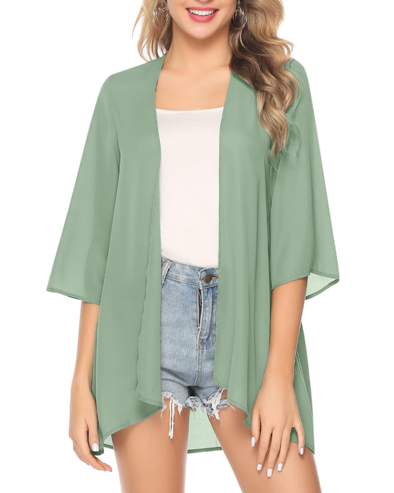 Quinn Women's Kimono – Open Chiffon Beach Vest with Lace, Slit, and Tie Waist