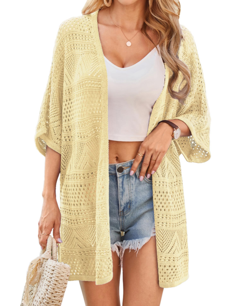 Delaney Women's Kimono – Long Crochet Cardigan with Batwing Sleeves and Openwork Knit
