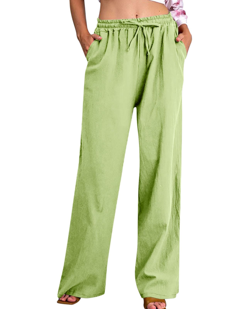 Megan Women's Pants – Cotton and Linen Pants with Elastic Waist, Drawstring, Pockets, Loose Fit