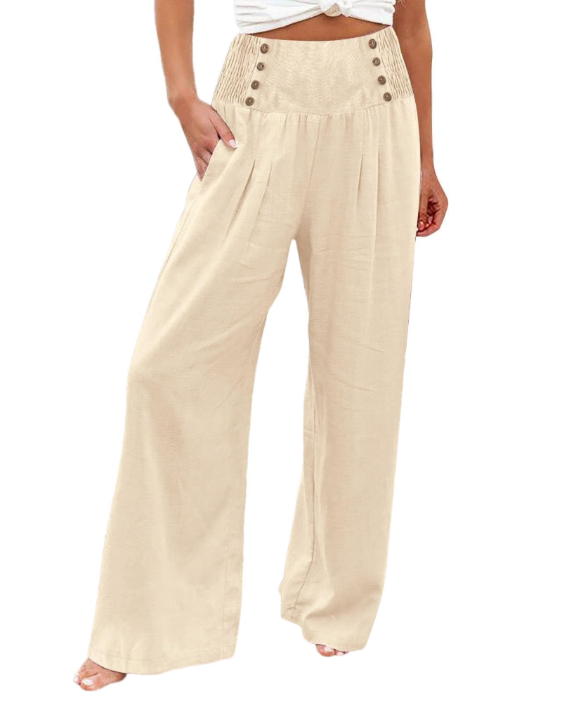 Pantaloni da donna Skylar – pantaloni larghi in cotone e lino a vita alta, elasticizzati e con tasche