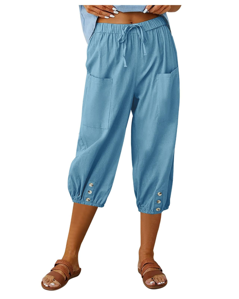 Pantalón de mujer Aspen – Pantalón ancho de algodón y lino, tiro alto, cintura elástica y bolsillos