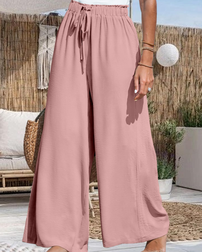 Pantaloni Presley da donna – Pantaloni larghi vita alta con coulisse fluidi per spiaggia e vacanze