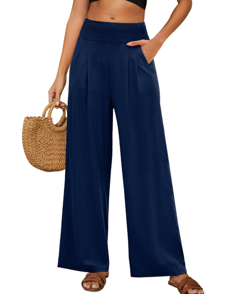 Ainsley Pantalon en Lin Femme – Palazzo Taille Haute Élastique avec Poches Ample
